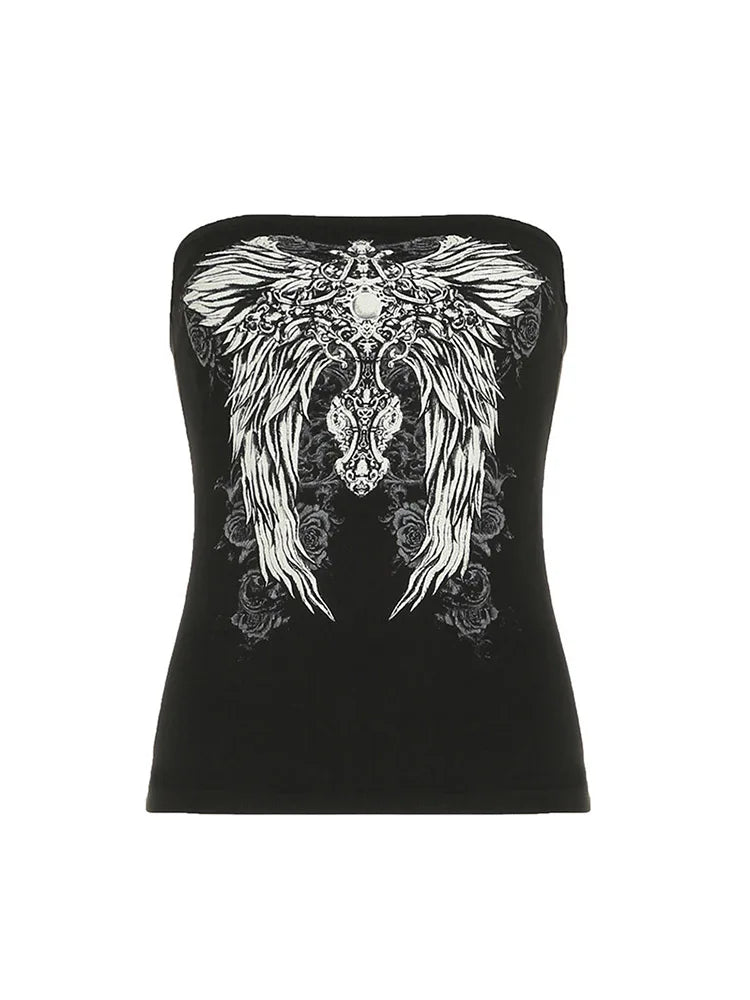 Gothic Print Black Tube Top