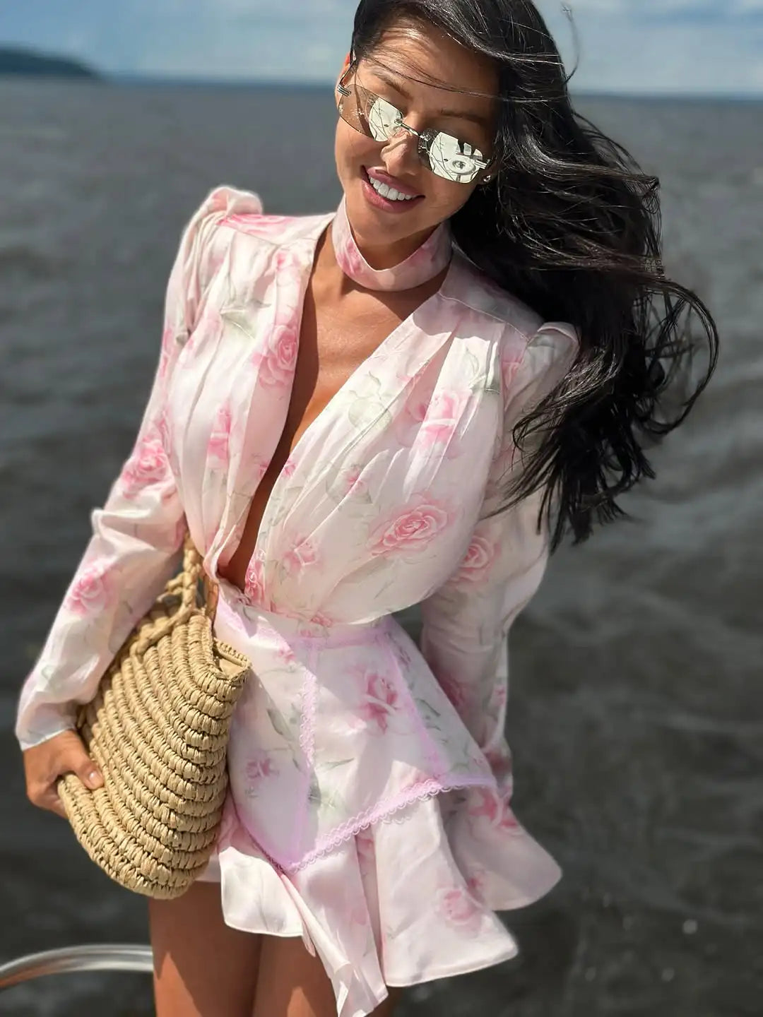 Sexy Pink Printed Satin Mini Dress