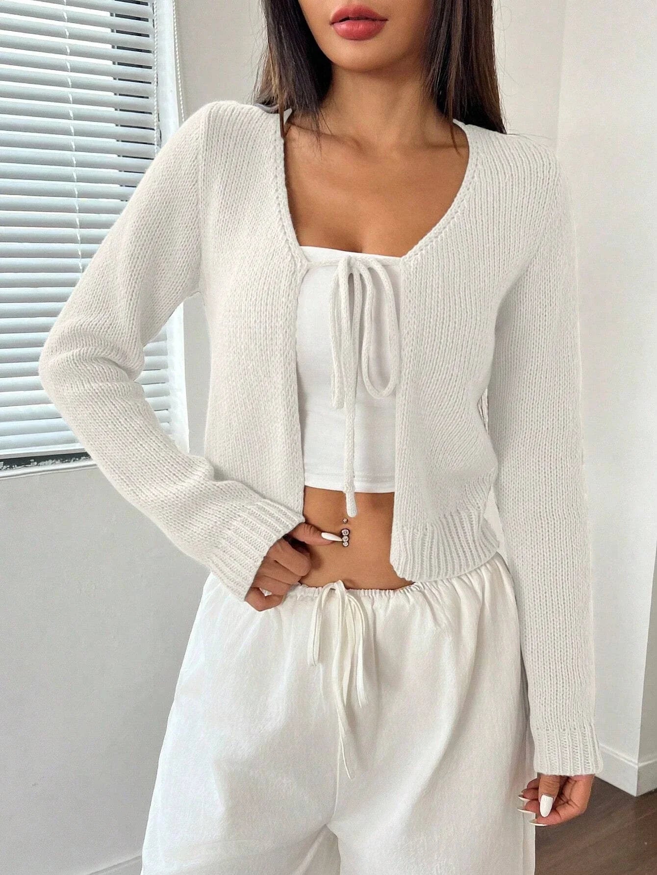 Front Strap Cropped Cardigan Rib-knit Long Sleeve