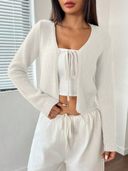Front Strap Cropped Cardigan Rib-knit Long Sleeve