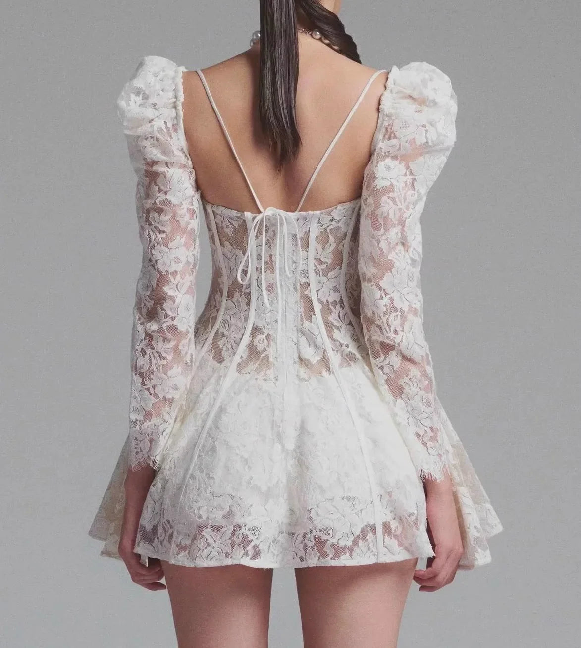 White Lace Flare Sleeve Square Collar Pleated Womens Dress