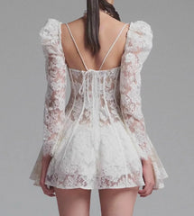 White Lace Flare Sleeve Square Collar Pleated Womens Dress