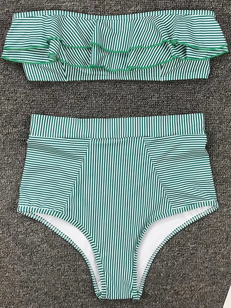 Striped Top Ruffle High Waist Bikini