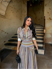 Boho Colorful Stripe Skirt Set Turn Down Collar Single Breasted Long Sleeve Shirt Fitted Waist Flowy Skirts Outfits