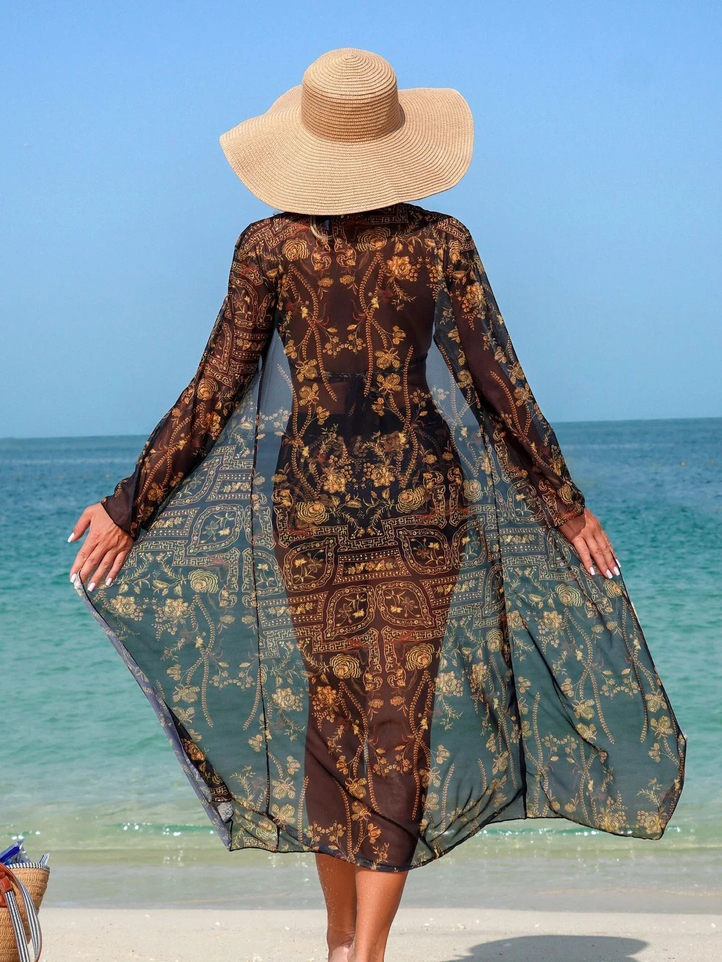 Vintage Floral Print Long Sleeve Cover Up 3 Piece Bikini Set