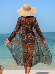 Vintage Floral Print Long Sleeve Cover Up 3 Piece Bikini Set