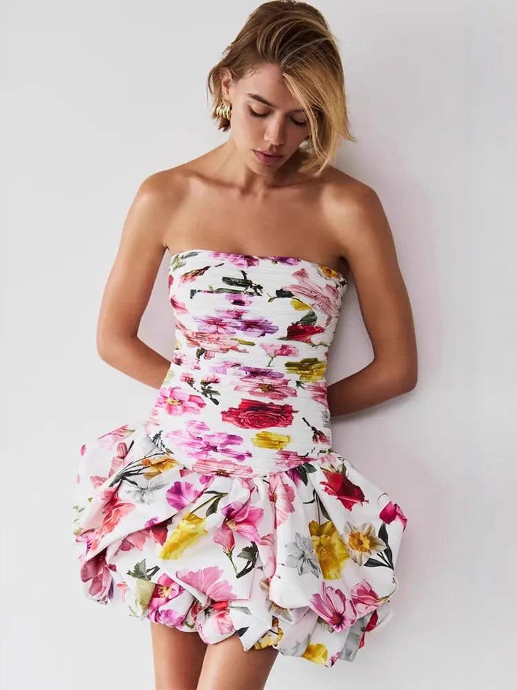 Sexy Strapless Printed Ruffles Folds Deign Mini A-line Dress
