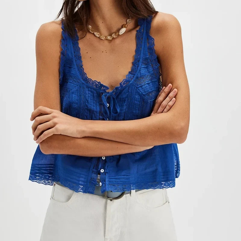 Y2K Button-up Lace Trim Patchwork Cami Tops