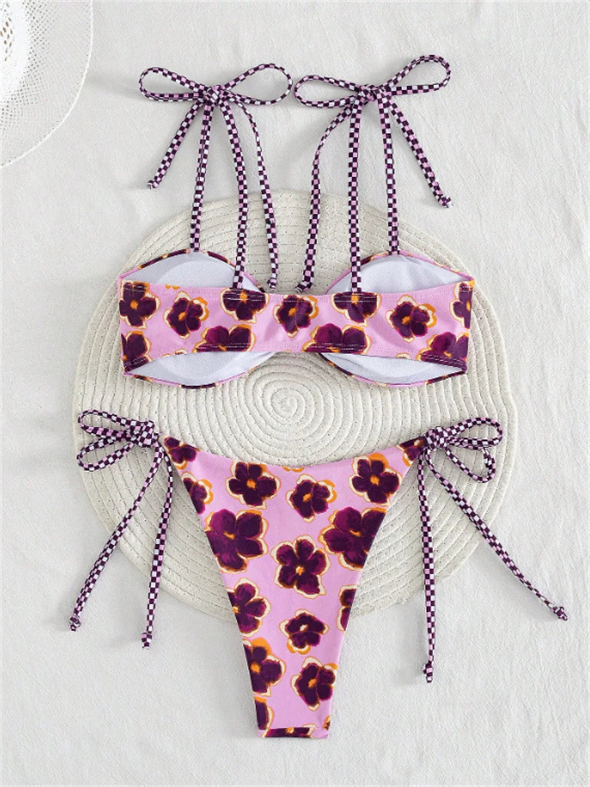 Cute Purple Flower Print Bikini Set