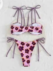 Cute Purple Flower Print Bikini Set