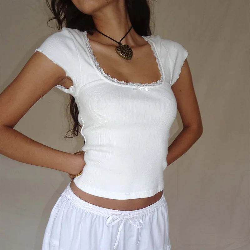 Square Neck Short Sleeve Tee Shirt White Milkmaid Crop Top