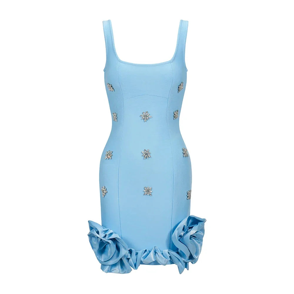 Sexy 3D Floral Bodycon Rhinestone Mini Dress
