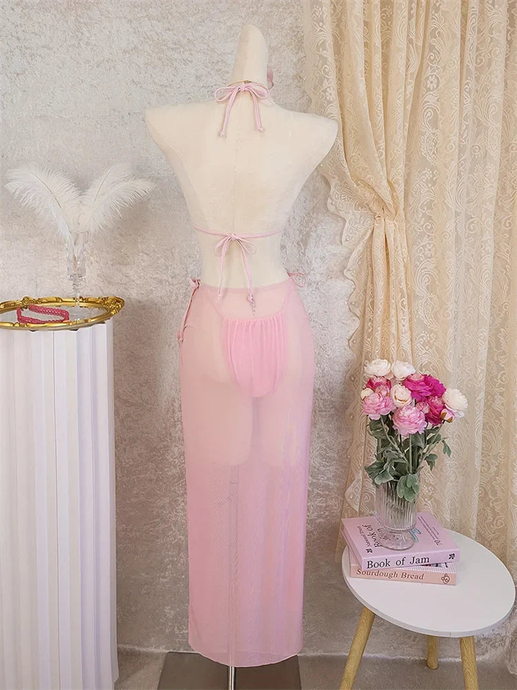 Sexy Pink Swimwear Women Pink Metal Starfish Push Up High Waist Bikini Set