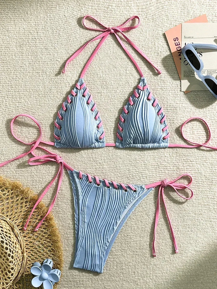 Halter Wrinkled Weaved Bikini