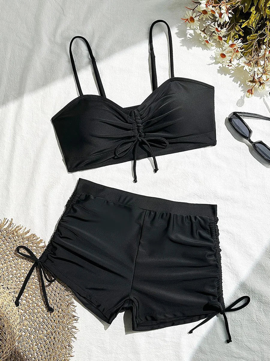 Wrinkled Knotted Shorts High Waist Bikini