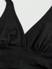 Solid V-neck Backless Halter Crop Top