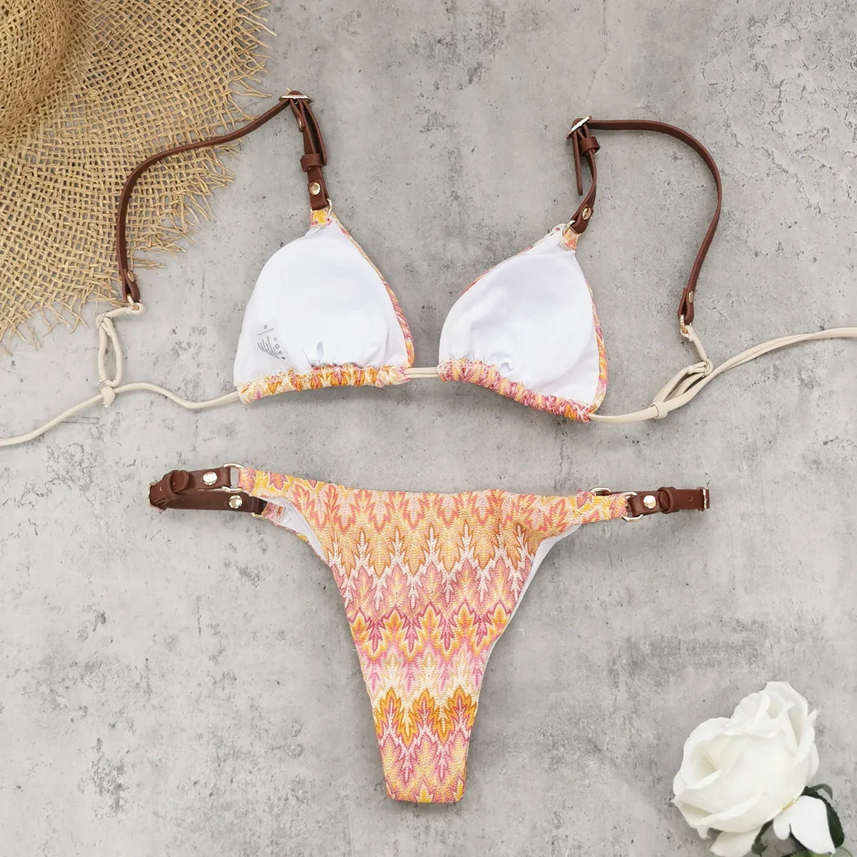 Sexy Orange Leaves Striped Bikini Set
