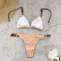 Sexy Orange Leaves Striped Bikini Set