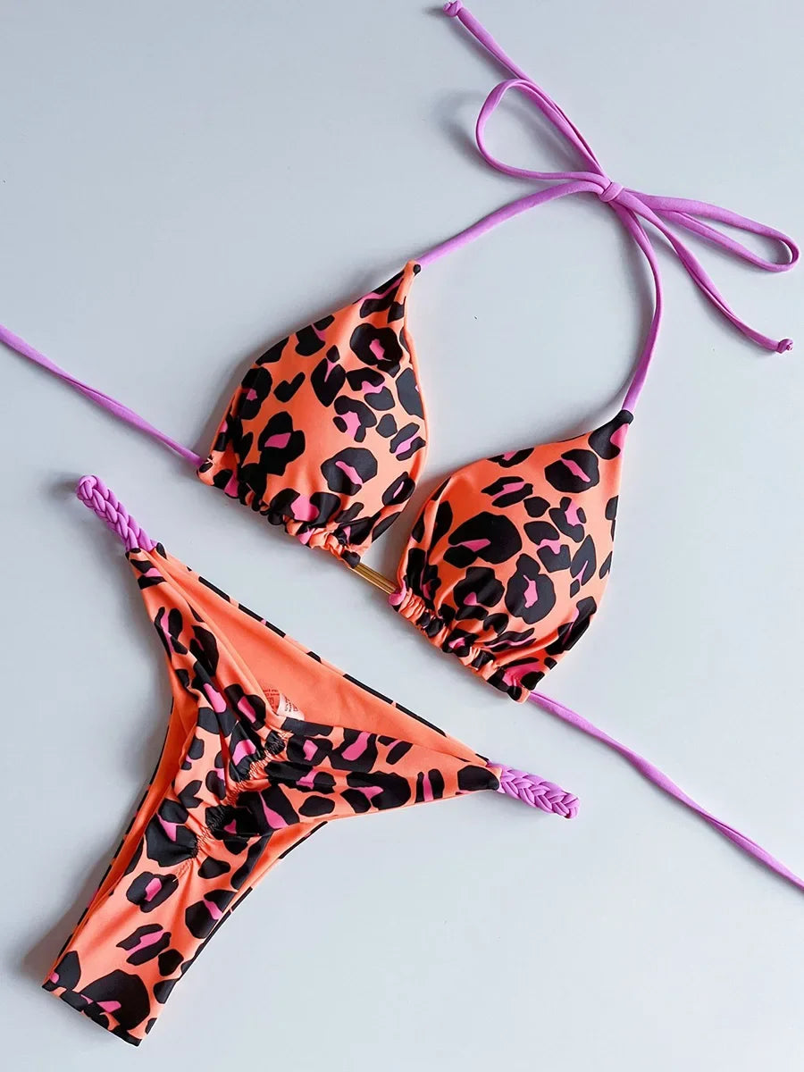 Leopard Halter Scrunch Butt Mini Micro Thong Bikini