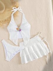 Sexy White Pleate Skirt 3 Piece Bikini Set