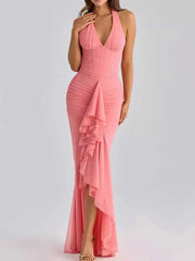Mesh Deep V Neck Backless Sexy Maxi Dress
