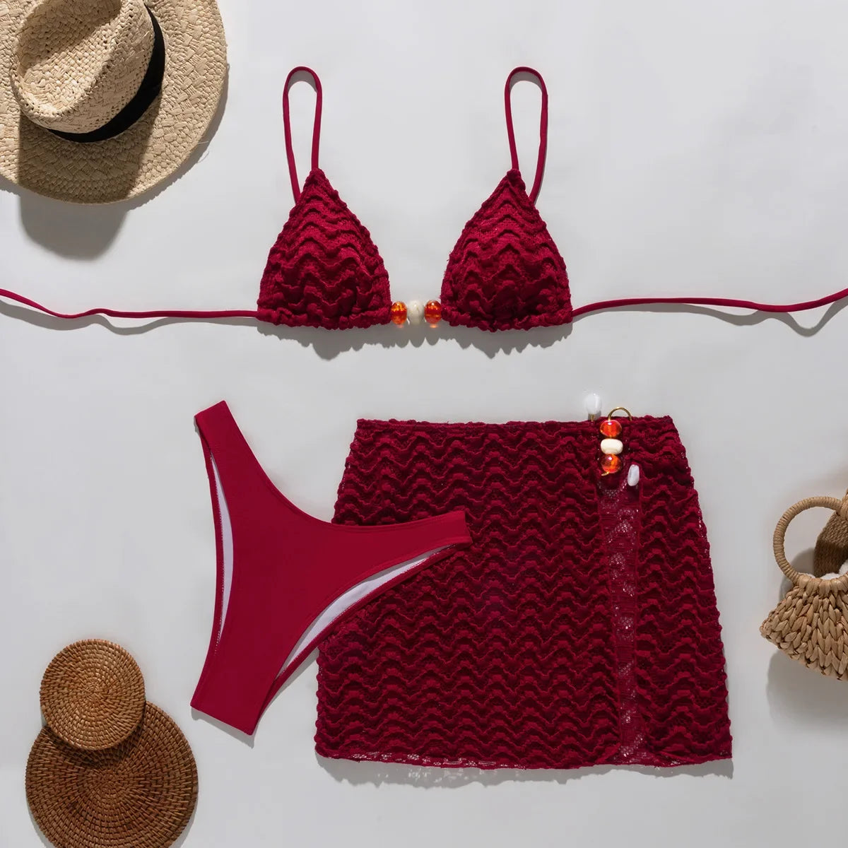 Sexy Coffee Pleate Skirt 3 Piece Swimsuit