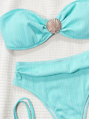 Metal Shell Ornament Pleate Push Up Bra High Waist Swimsuit