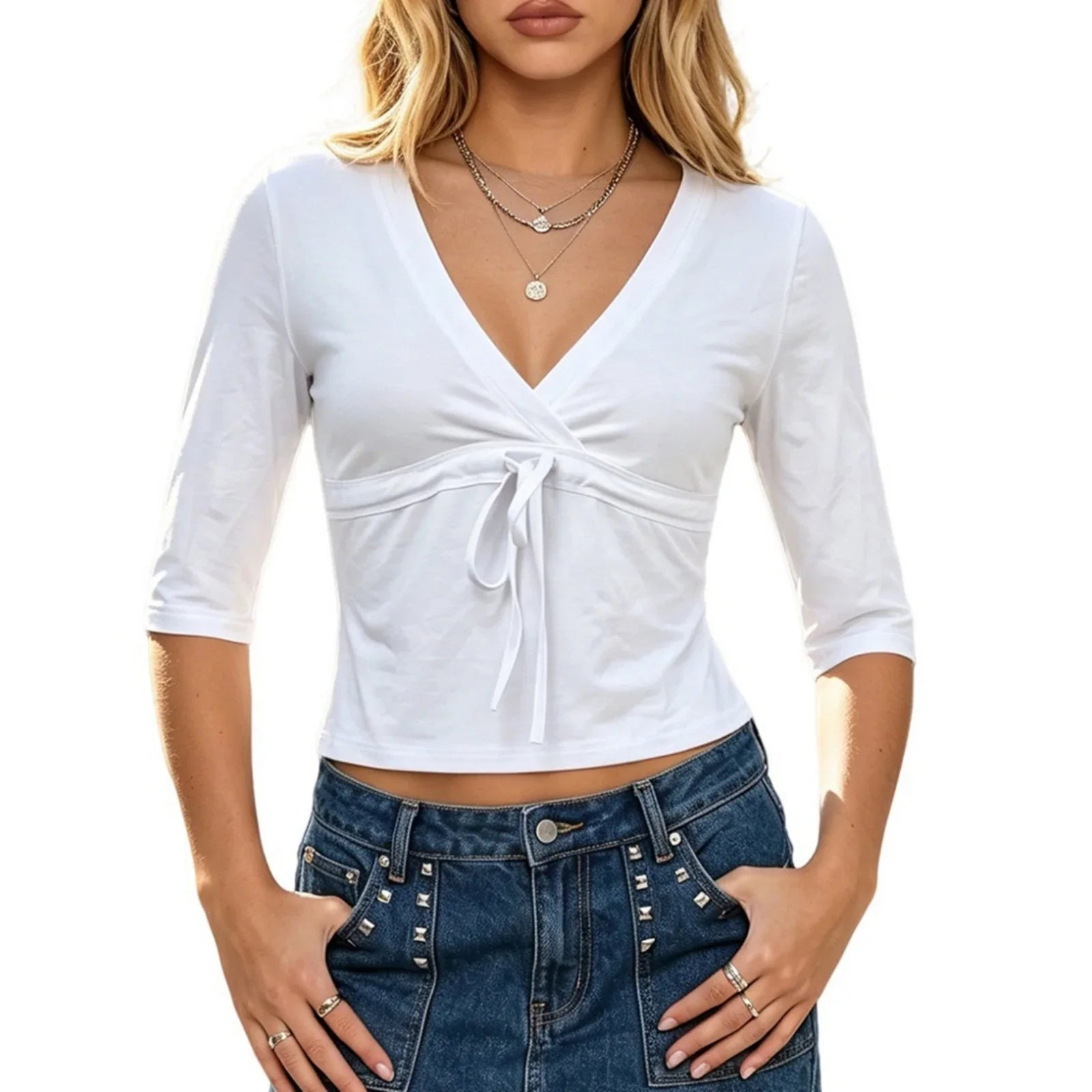 Solid Color Deep V Neck 3/4 Sleeve Crop Tops
