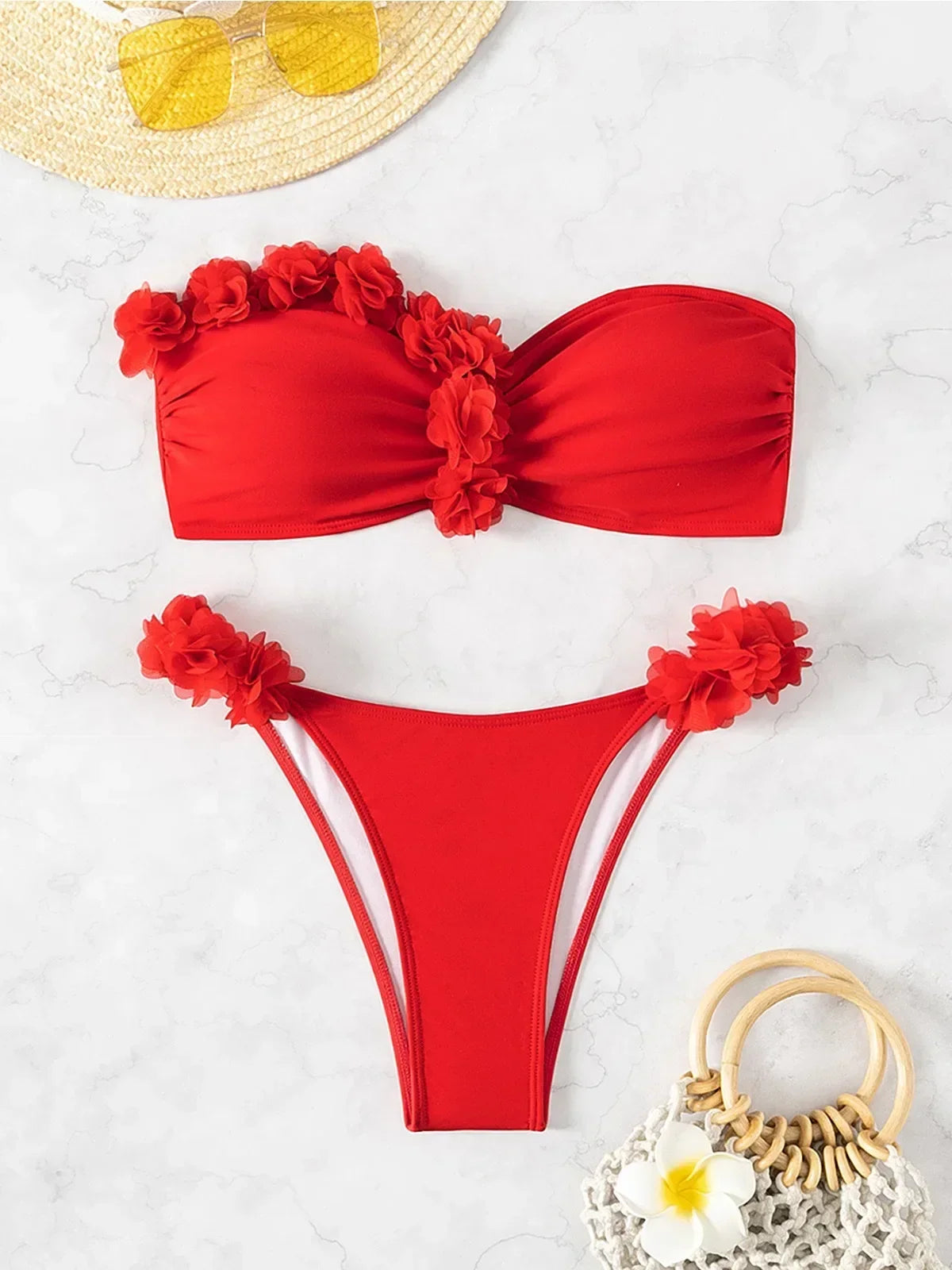 Sexy Red 3D Flower Two Piece Swimsuit