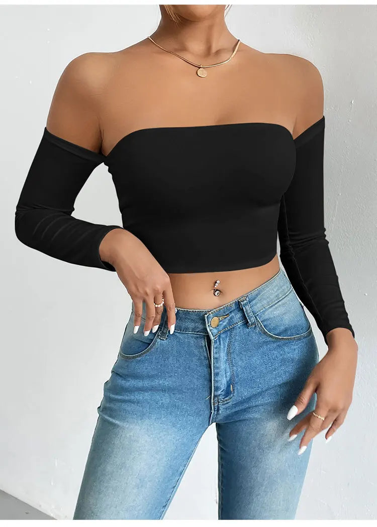 Women's Off Shoulder Long Sleeve Crop Top