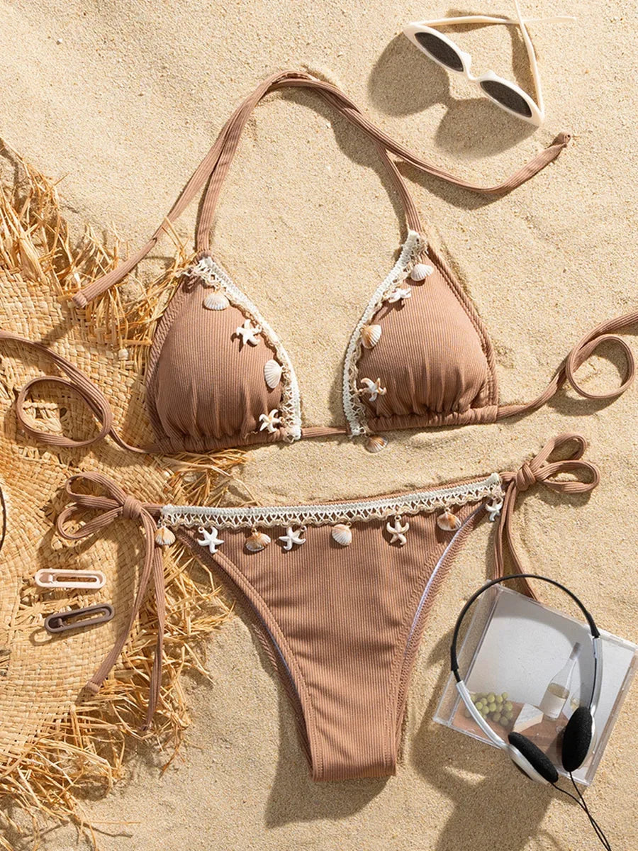 Shell Decoration Ribbed Halter Strappy Bikini