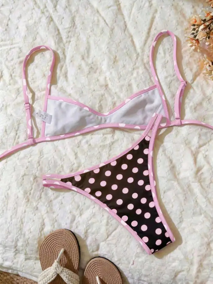 Sexy Coffee Polka Print Patchwork Bikini Set
