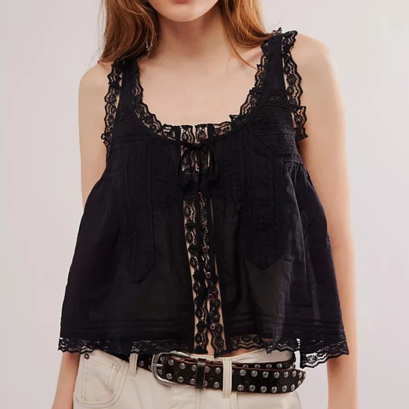 Y2K Button-up Lace Trim Patchwork Cami Tops