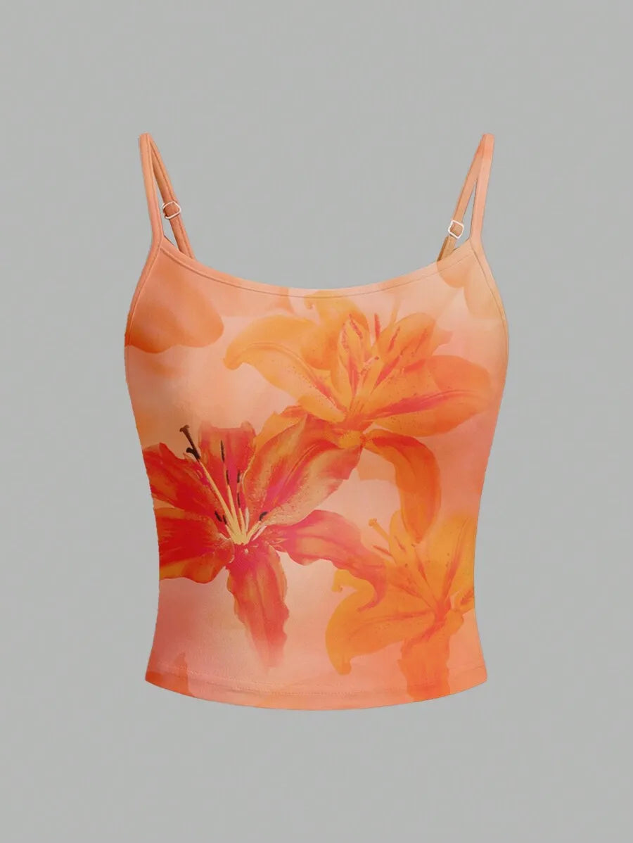 3 Pack Watercolor Lily Print Crop Cami Top