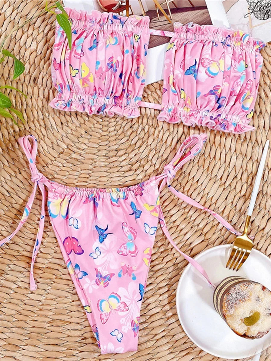 Tie Dye Pleated Ruffled Bikini