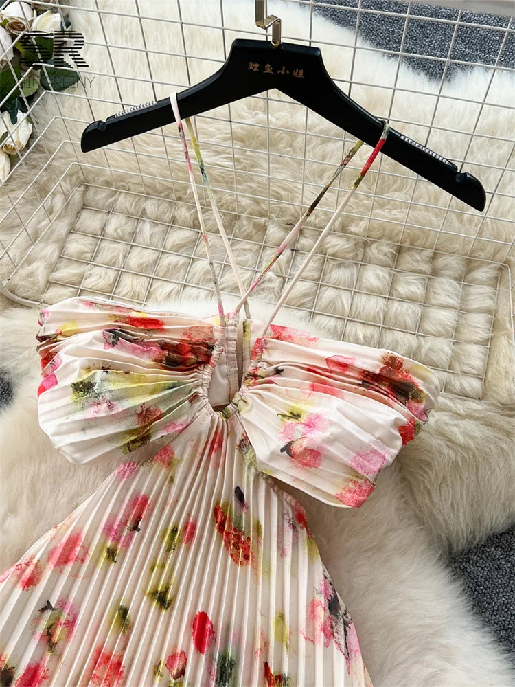 Floral Print Pleated Long Dress
