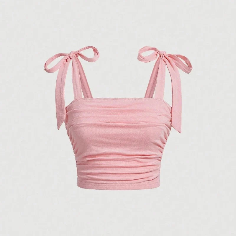 Solid Tie Shoulder Ruched Wide Strap Slim Fit Crop Top