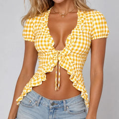 Y2K Gingham Plaid Short Sleeve Peplum Top