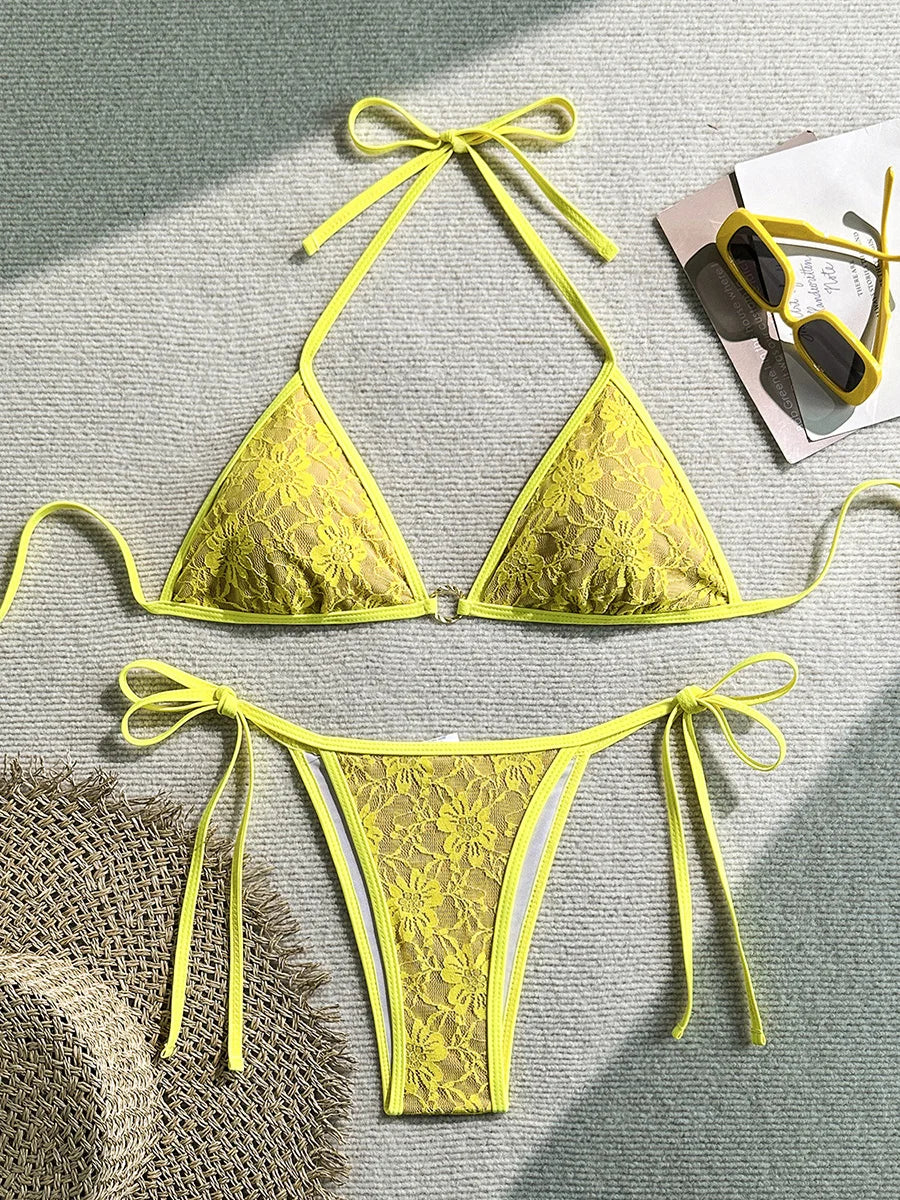 Embroidery Mesh Lace Halter High Cut Bikini