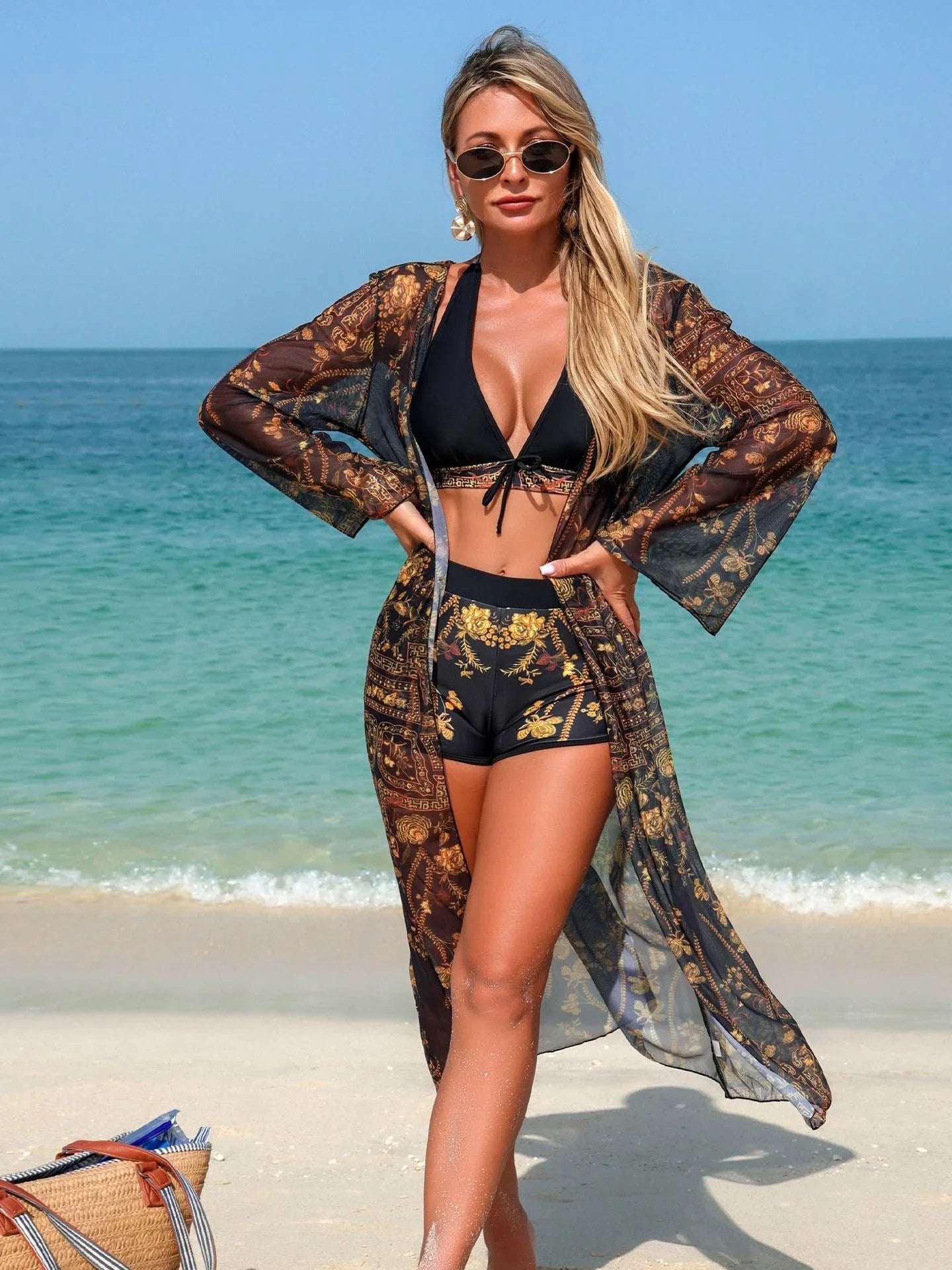Vintage Floral Print Long Sleeve Cover Up 3 Piece Bikini Set