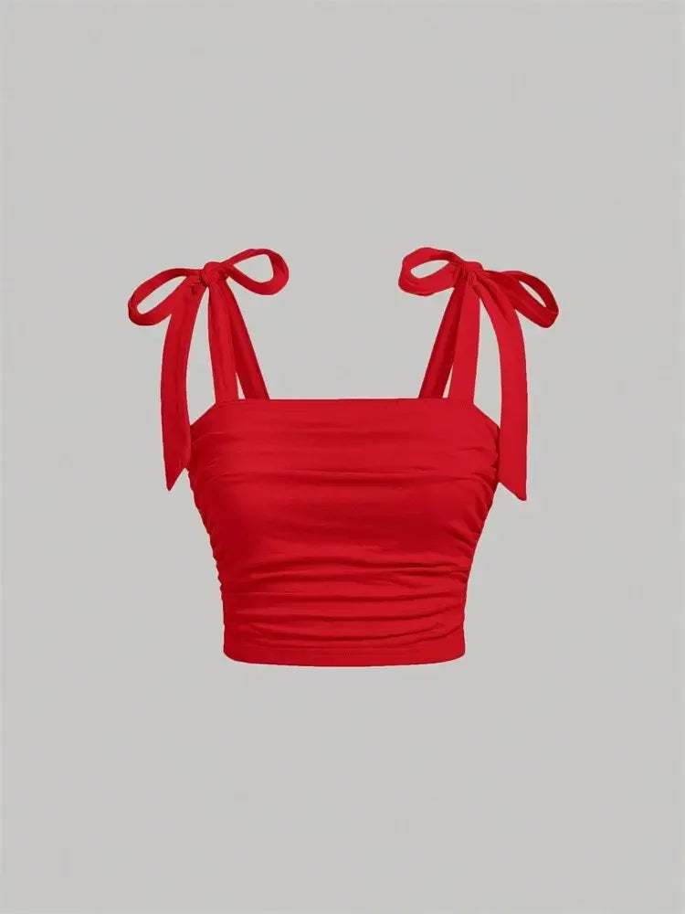 Solid Tie Shoulder Ruched Wide Strap Slim Fit Crop Top