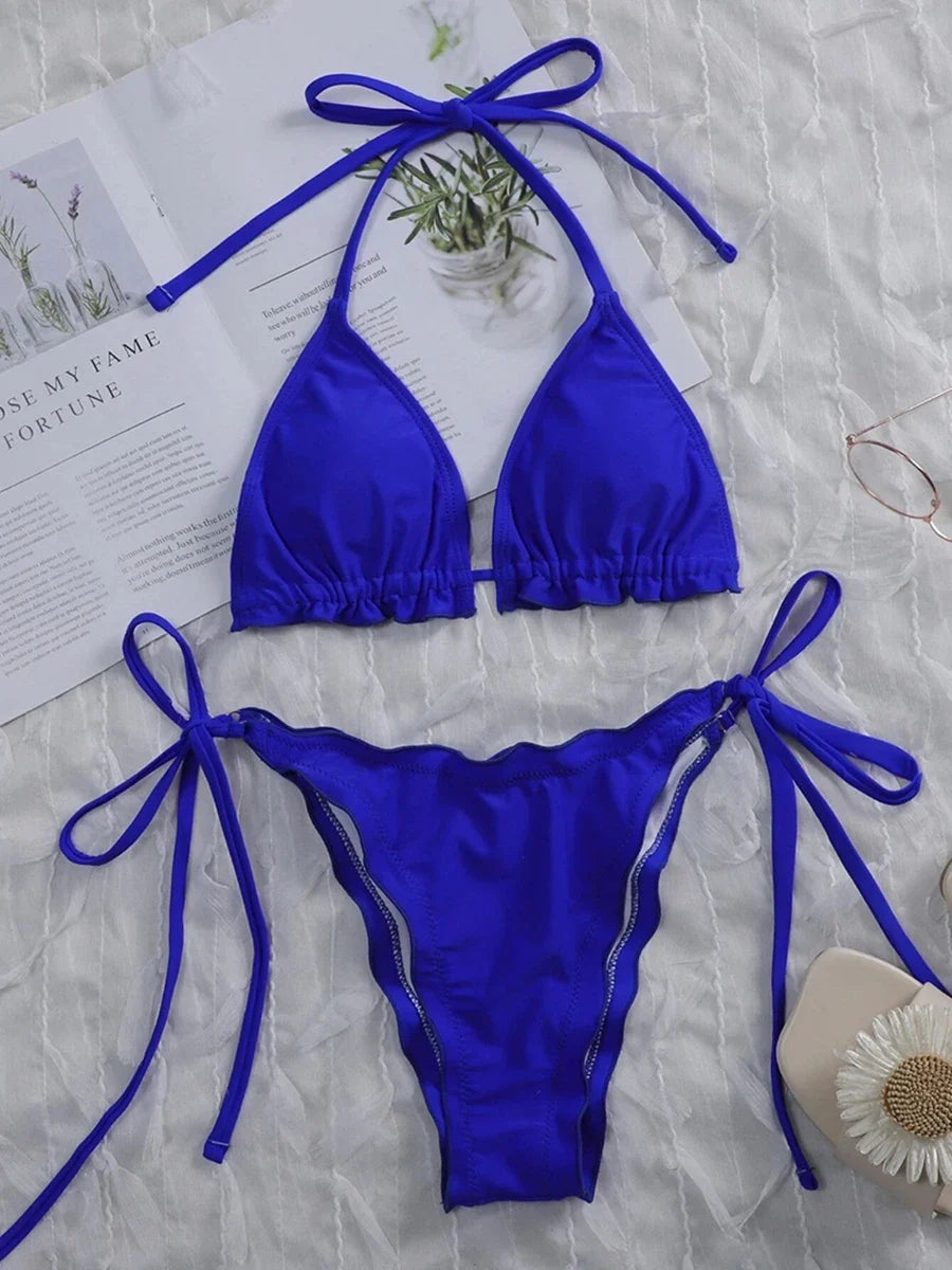 Ribbed Ruffled Frilled Brazilian Bikini