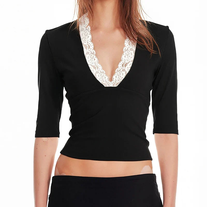 Lace Trim Deep V Neck Crop Top