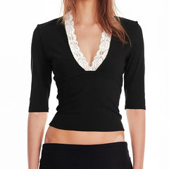 Lace Trim Deep V Neck Crop Top