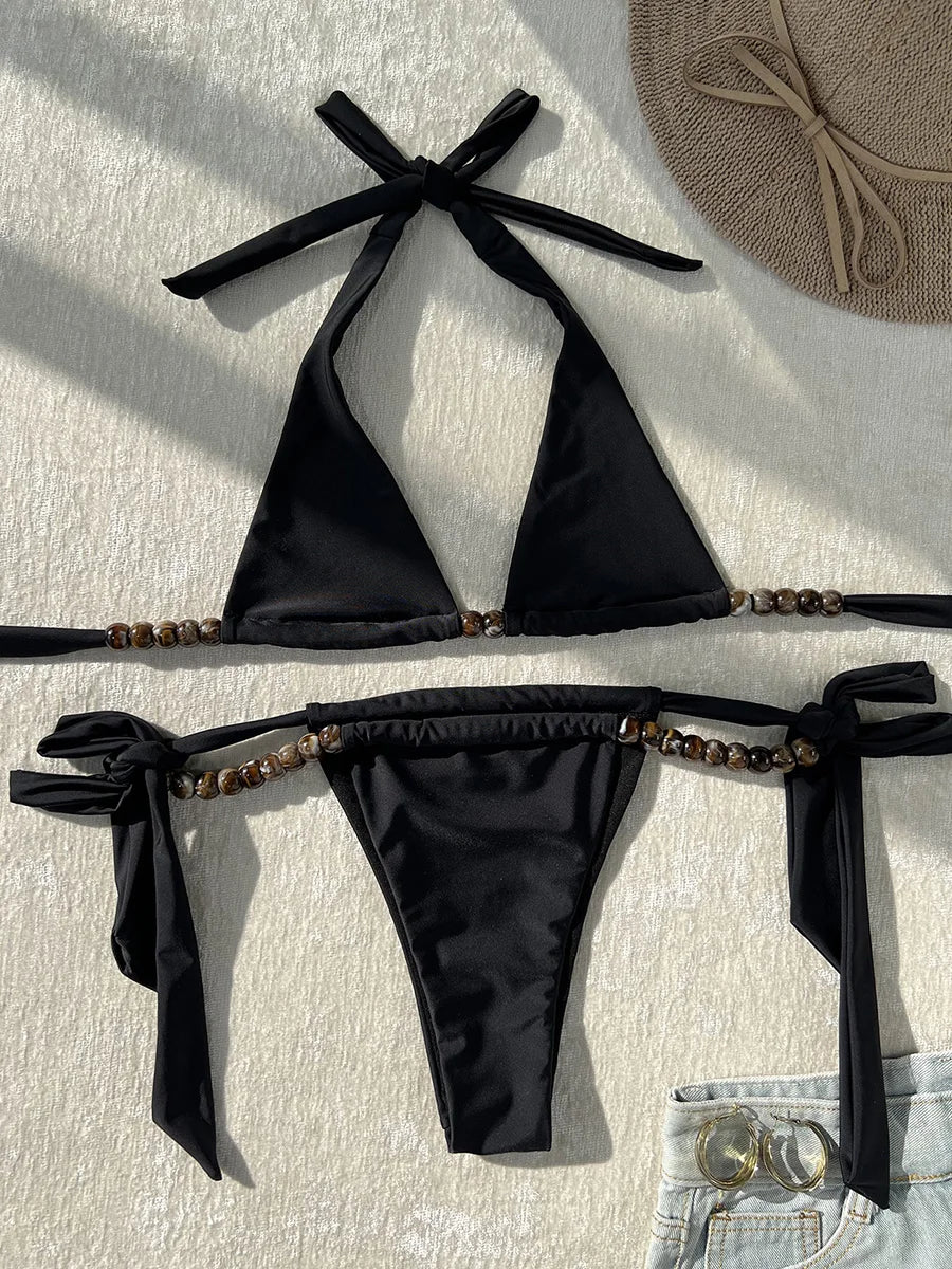 Sexy Beads Halter High Leg Cut Strappy Bikini