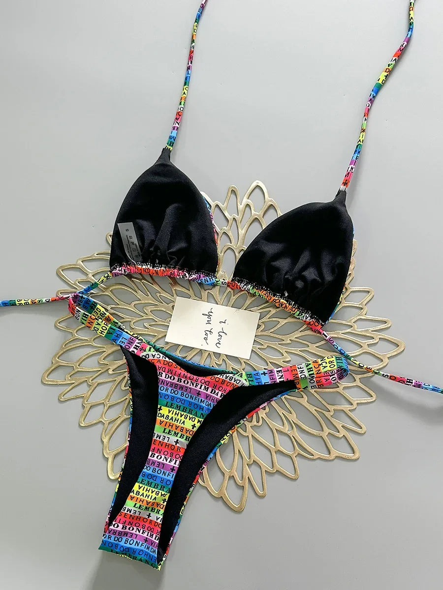 Letters Print Colorful Micro Mini Thong Bikini