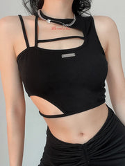 Hollow Out Black Y2K Tees Sleeveless Skinny Tops