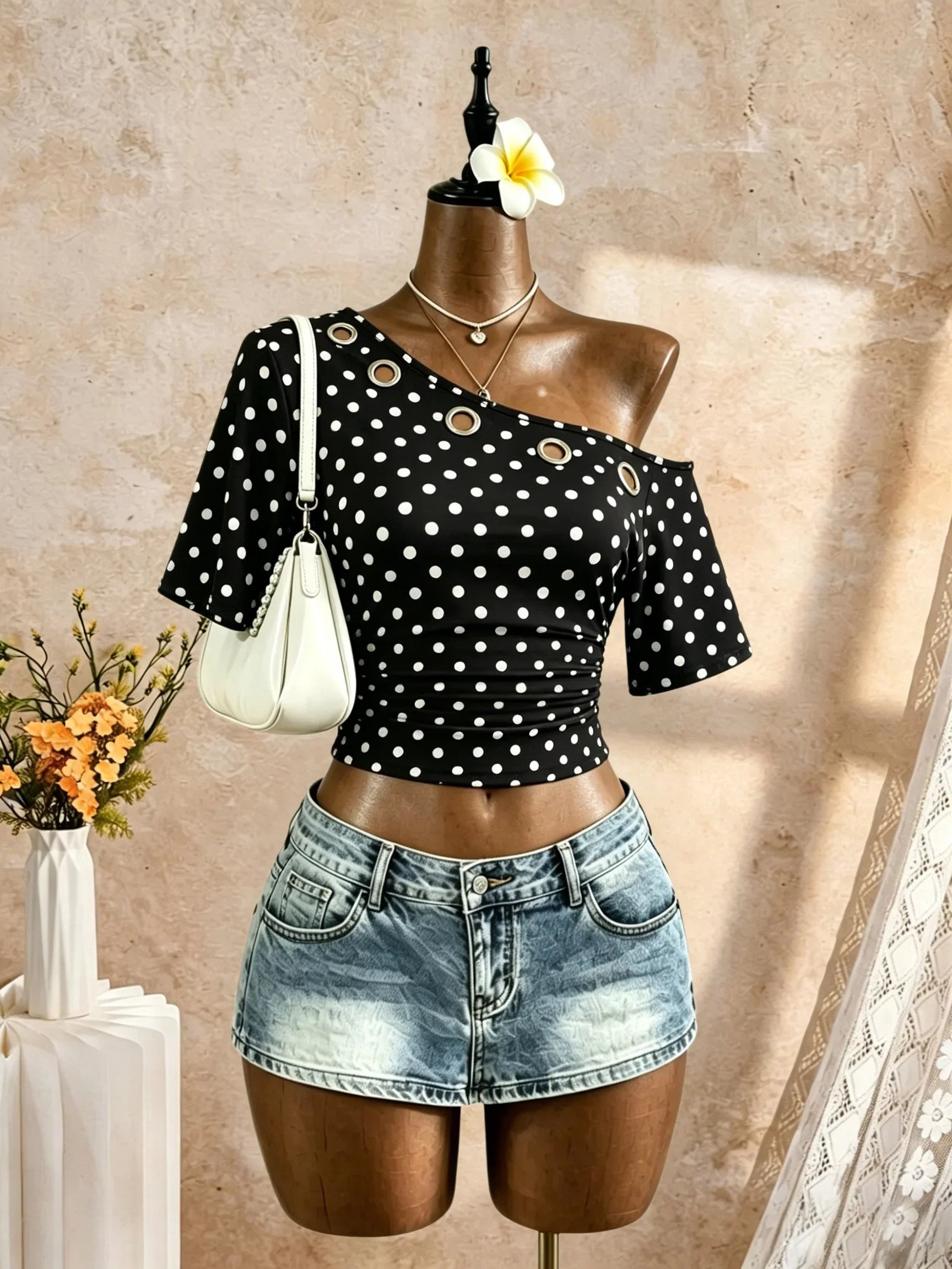 Diagonal One Shoulder Eyelet Ring Decor Short Sleeve Crop Top