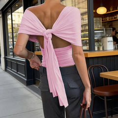 Cinched Waist Batwing Sleeve Crop Tops