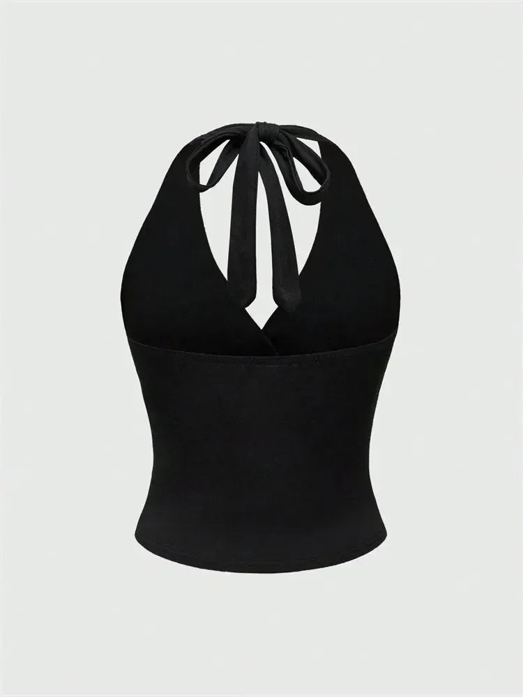 Solid V-neck Backless Halter Crop Top